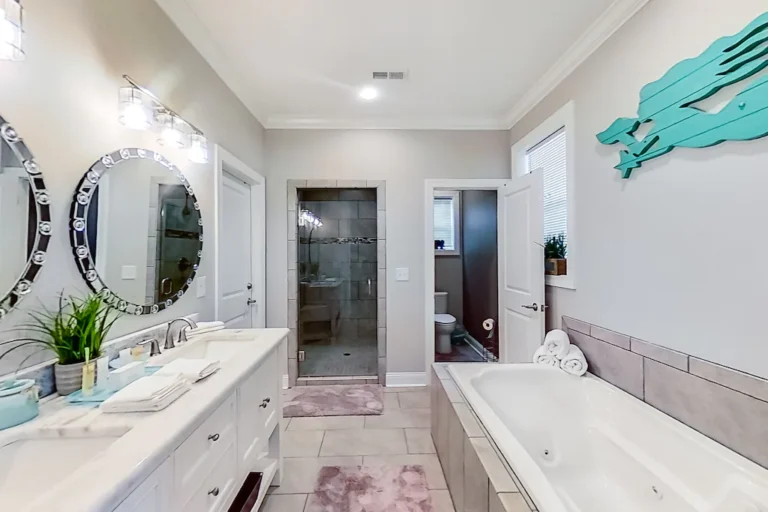 Luxury ensuite bathroom with soaking tub and walk-in shower in master bedroom